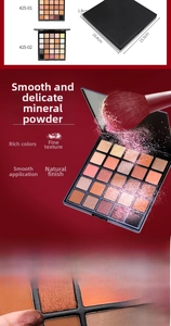 Detailed view of 25-color eyeshadow palette showing matte textures and 16.4x15.5cm dimensions