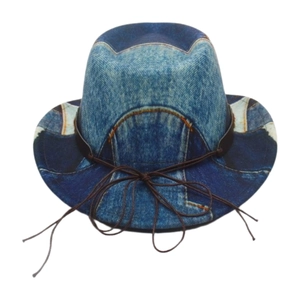 Close-up of kids' denim-print fedora featuring brown leather strap and tassel detail
