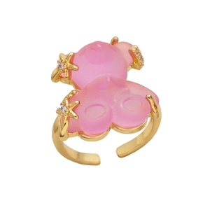 Pink resin teddy bear open ring with gold plated band and sparkling zircon stars