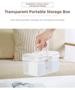 Close-up of clear plastic storage box with white handle and secure buckle closure