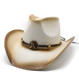 Western Cowboy Hat Paper Straw Gradient Spray Paint Wide Brim Sunshade Retro Ethnic Style With Woven Band