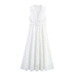 Women Sleeveless Maxi Dress Lapel V Neck High Waist Belted Elegant Commuter Shirt Dress Textured Solid Color