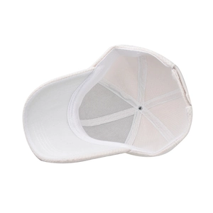 Detail showing the internal six-panel structure and white sweatband of the mesh baseball cap