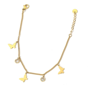 Elegant gold stainless steel anklet featuring butterfly charms and sparkling crystal accents