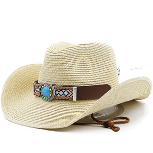Chapeau de cowboy classique en paille avec bande ethnique et pierre turquoise beige