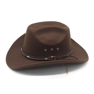 Detail of dark brown wool cowboy hat featuring metal grommets and a decorative cord band