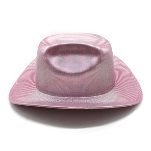 Detailed view of pink western cowboy hat with glossy woven texture and wide brim