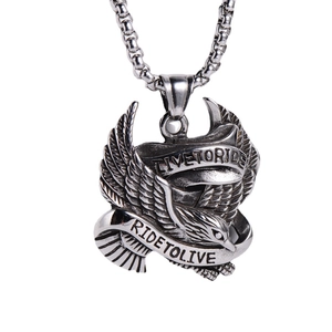 Vintage silver eagle pendant with Live to Ride engraving in punk rock biker style