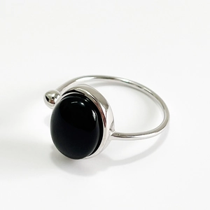 925 Sterling Silver Ring With Oval Black Agate Vintage Punk Style Adjustable Open Band Jewelry For Women Men