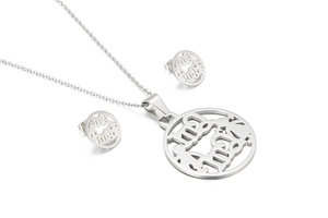 Polished silver stainless steel jewelry set with circular hollow pendant and stud earrings