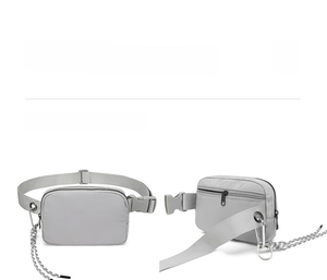 Dual-view detail of a light grey waterproof nylon belt bag showing front and back texture