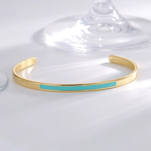 Minimalist gold-plated open adjustable bracelet with light blue enamel inlay for women