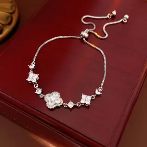 Elegant Four-Leaf Clover Bracelet Real Gold Plated Copper Micro-Paved Zircon Adjustable Drawstring Jewelry For Women