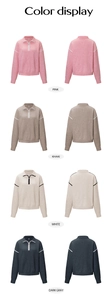 Color display of women's quarter-zip knit sweaters in pink, khaki, white, and dark gray