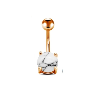 Detailed view of a rose gold belly button ring with a white marble-patterned turquoise ball