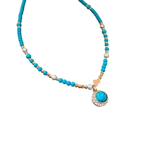 18K gold plated turquoise beaded necklace with zircon heart pendant and pearl accents