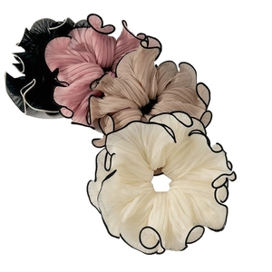 Large chiffon organza scrunchies in four pastel colors with elegant black contrast edges