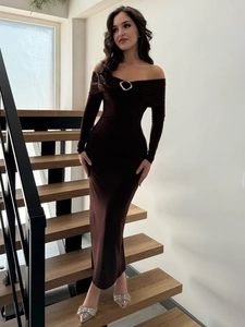 Elegant dark brown off-shoulder bodycon maxi dress with decorative gold metal ring detail
