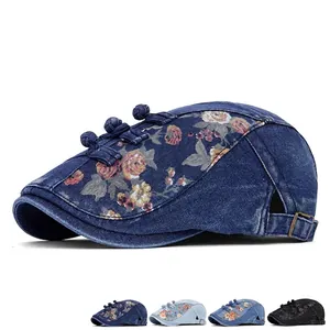 Denim beret newsboy hat with floral embroidery and traditional Chinese frog fasteners