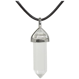 Macro detail of a transparent hexagonal crystal pillar pendant with silver metal clasp