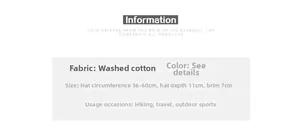 Size specifications of washed cotton baseball cap with 56-60cm circumference and 7cm brim