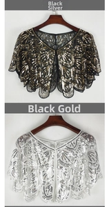 Detailed view of Art Deco sequin capes with shimmering scalloped patterns in black and gold