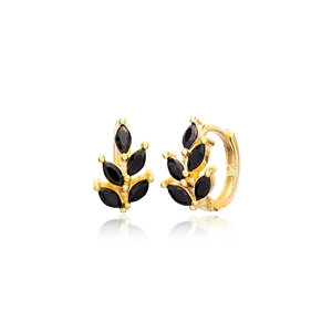 Boucles d'oreilles S925 en argent doré avec pierres noires élégantes en forme de feuille