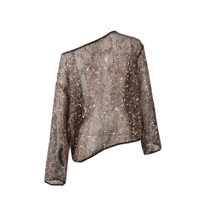 Close-up of brown sequin mesh top with asymmetric slanted neck and detailed knit texture