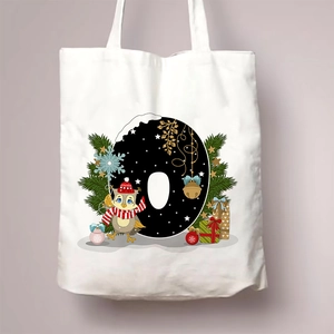 Christmas canvas tote bag with letter O and cartoon owl illustration for women