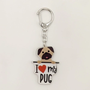Close-up of 2D acrylic Pug dog keychain with I Love My Pug text and silver lobster clasp