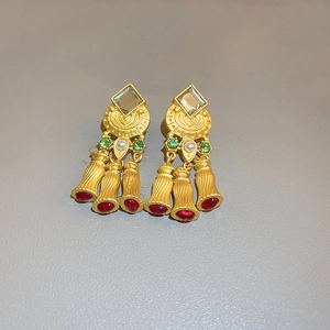 Vintage gold geometric tassel earrings with red green rhinestones and pearls