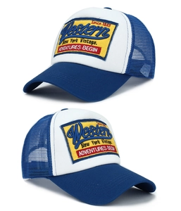 Detail of Western embroidery patch on vintage blue and white mesh trucker cap