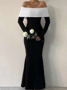 Elegant French style off-shoulder black and white slim fit long dress with long sleeves
