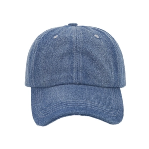 Classic light blue denim baseball cap with six-panel structure and curved brim design