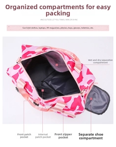 Detail view of pink camo gym bag with wet/dry separation and independent shoe compartment