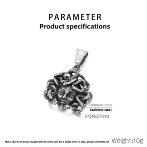 Detailed specs of stainless steel Medusa pendant with 29x27mm size and 10g weight
