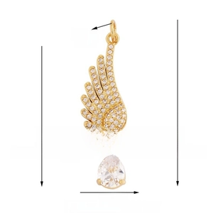 Detailed view of gold angel wing pendant with micro-set zircons and dimensions