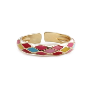 Adjustable 18k gold plated open ring featuring colorful diamond patterned enamel