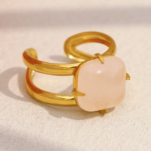 Bague Réglable Avec Pierre Rose Carrée Acier Inoxydable Plaqué Or 18 Carats Style Français Bijoux Élégants Femmes