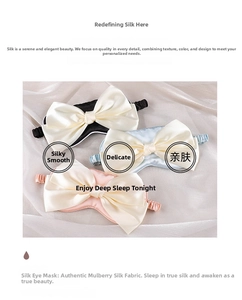 Detailed view of silk sleep masks with decorative bows in black, blue and pink colors