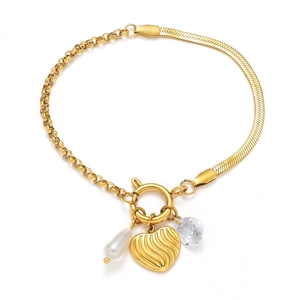 Golden titanium bracelet with half-chain snake design, heart pendant and zircon stone