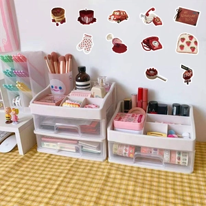 Detail of red vintage stickers on double-layer plastic desktop organizers with drawers