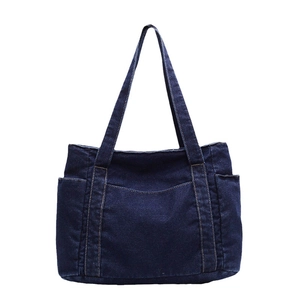 Large capacity navy denim tote bag with functional pockets and long shoulder straps