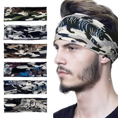 Detail view of ethnic lace headbands in various tiger camo colors and textures
