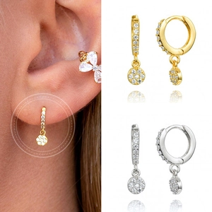 Luxurious S925 silver needle hoop earrings with pavé diamond disc pendants in gold and silver