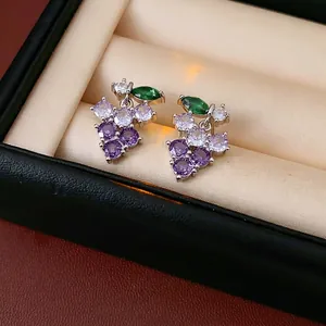 Elegant purple zircon grape stud earrings with silver needles and crystal leaf detail