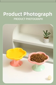 Detail of flower-shaped ceramic elevated cat bowls with kibble in a home setting