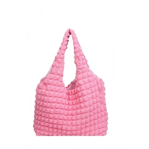 Pink pleated bubble tote bag with minimalist shoulder strap for women on white background