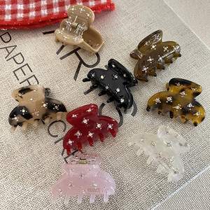 Set of 8 colorful acetate half-moon hair claws with rhinestones and handmade engraving