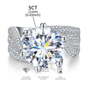 Detail view of 5 carat D color moissanite ring in 925 sterling silver with GRA certificate